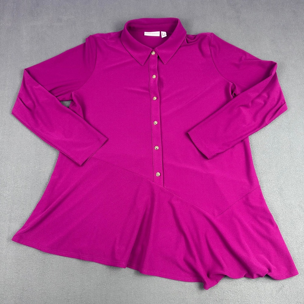 Susan Graver Magenta Pink Asymmetrical Peplum Button Down Tunic Top Size L